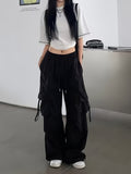 Vintage Spicy Workwear Cargo Pants for Women, Summer Lightweight Loose Fit Street Dance Hip-Hop Trendy Wide-Leg Pants, Made in China - Black
