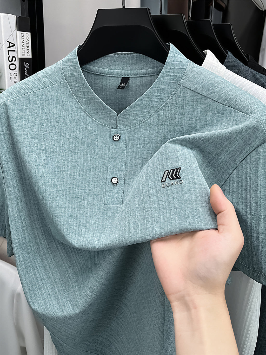 [Pearson Obm]Summer New Small Stand Collar Ice Fiber Fabric Quick-Drying Short-Sleeved T-Shirt Men'S Young Loose Casual Short-Sleeved Top Men'S Clothing Lao Zhou - Light Blue