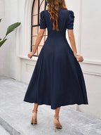 Solid V-Neck Elegant Dress - Navy blue color