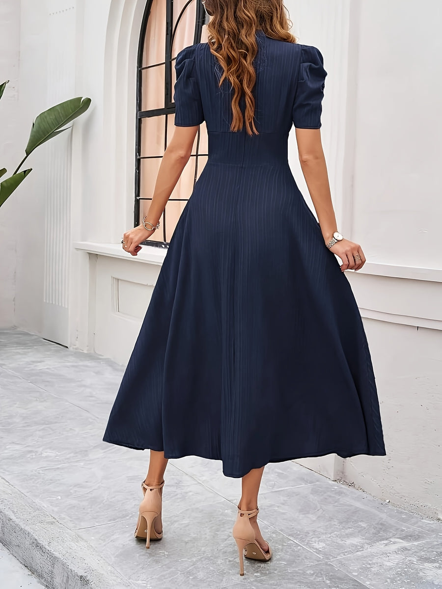 Solid V-Neck Elegant Dress - Navy blue color