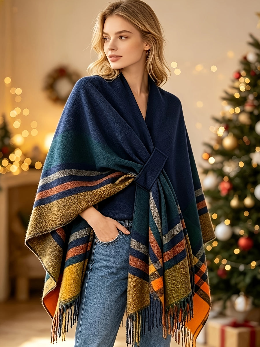 Women's Printed Front-Open Cardigan, Casual Shawl Cape Sweater, Wearable Blanket for Autumn, Winter, and Evening Wear - Navy Color