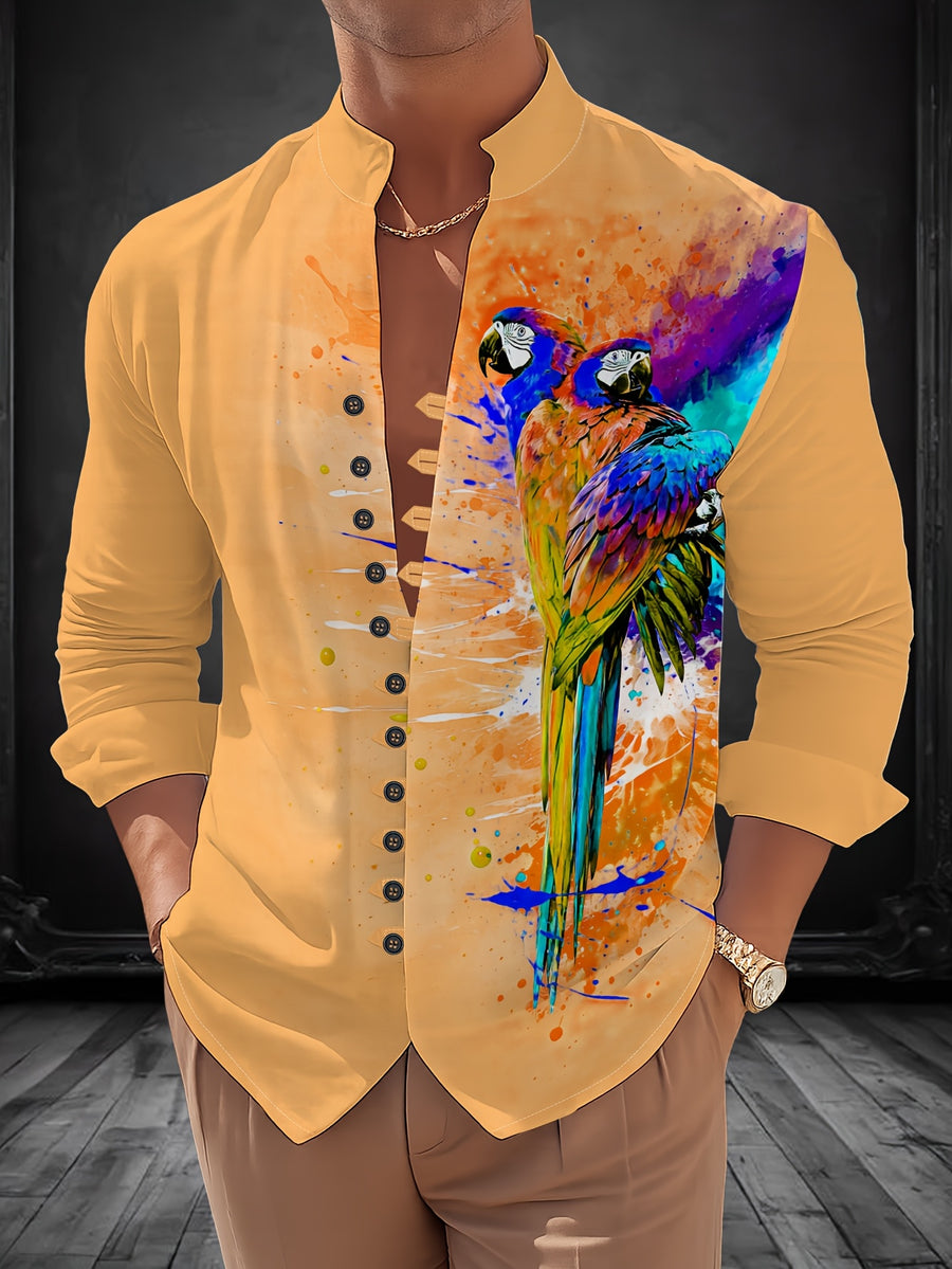 Men'S Fashion Stand Collar Long Sleeve Shirt with 11-Row Buttons Casual Versatile Top - Mixed Color 1