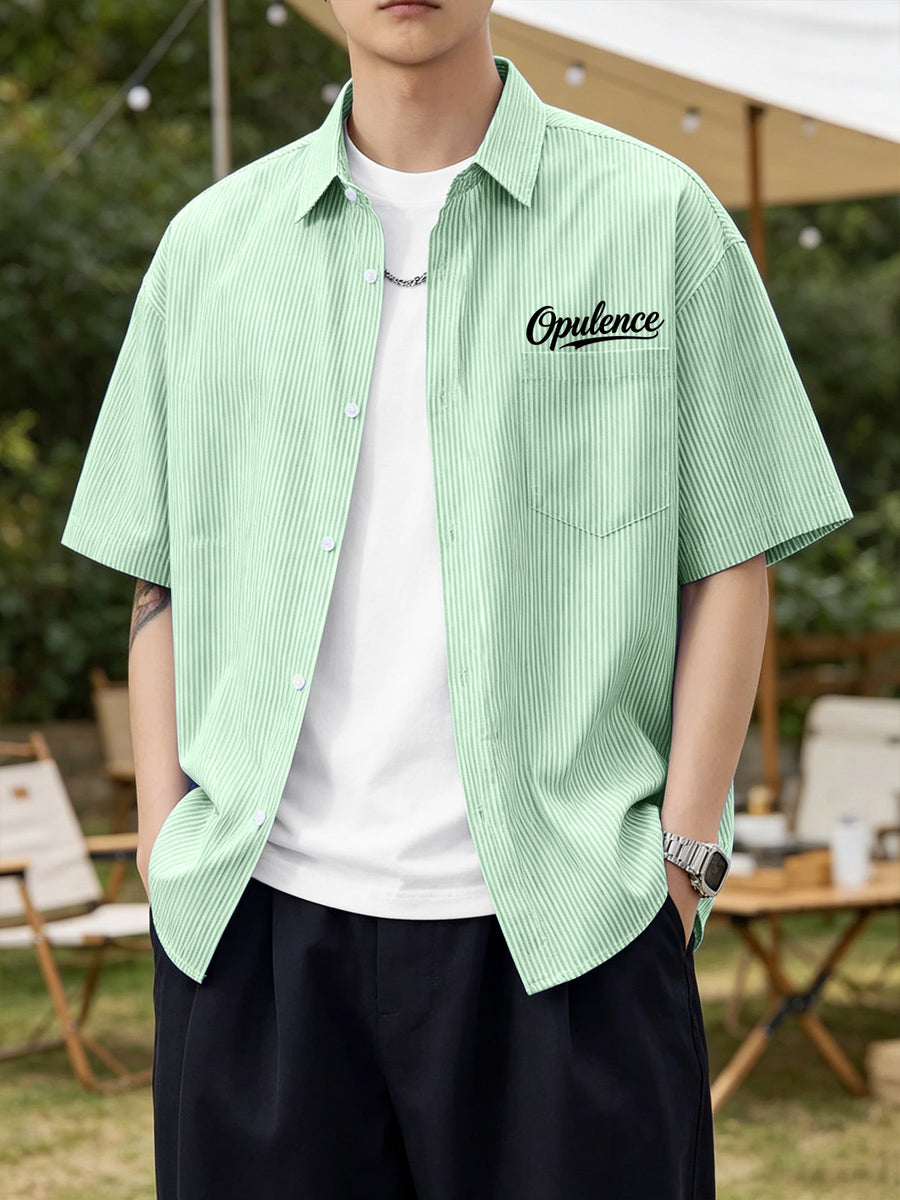 Summer Lightweight Cool and Handsome Fashionable Trendy Men's Simple Letter Print Short Sleeve Striped Loose Fit Casual Outerwear Shirt - Light Green