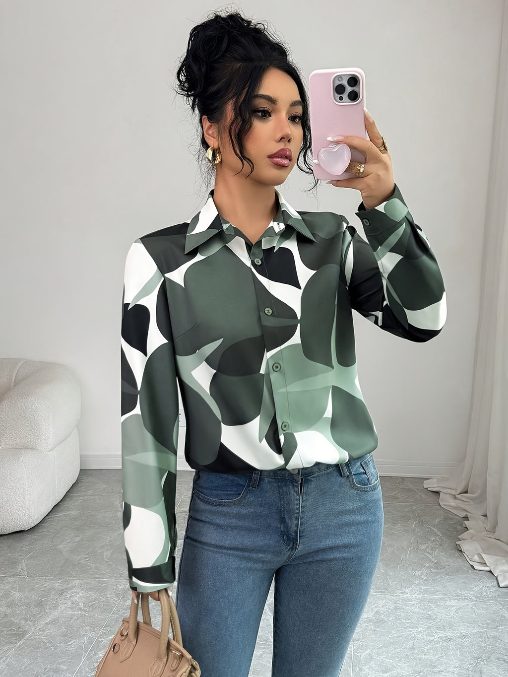 Elegant Green Floral print Button- Shirt with Collar - Loose Fit Long Sleeve Blouse, Machine Washable for Year-Round Casual & Professional Wear - Olive Green