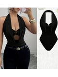 New Women's Solid Color Fashionable Summer Halter Neck Hollowed-out Bodysuit, Sexy Backless Tight-fitting Bodysuit, Slim Fit Bodysuit - Black