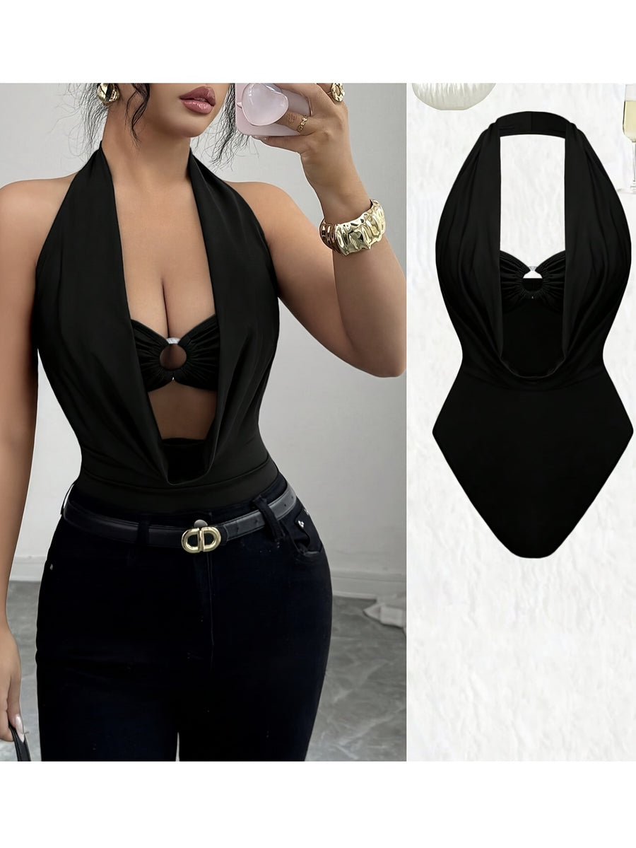 New Women's Solid Color Fashionable Summer Halter Neck Hollowed-out Bodysuit, Sexy Backless Tight-fitting Bodysuit, Slim Fit Bodysuit - Black