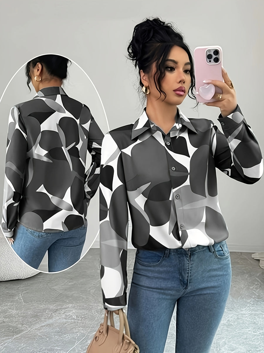Elegant Green Floral print Button- Shirt with Collar - Loose Fit Long Sleeve Blouse, Machine Washable for Year-Round Casual & Professional Wear - Silvery Grey