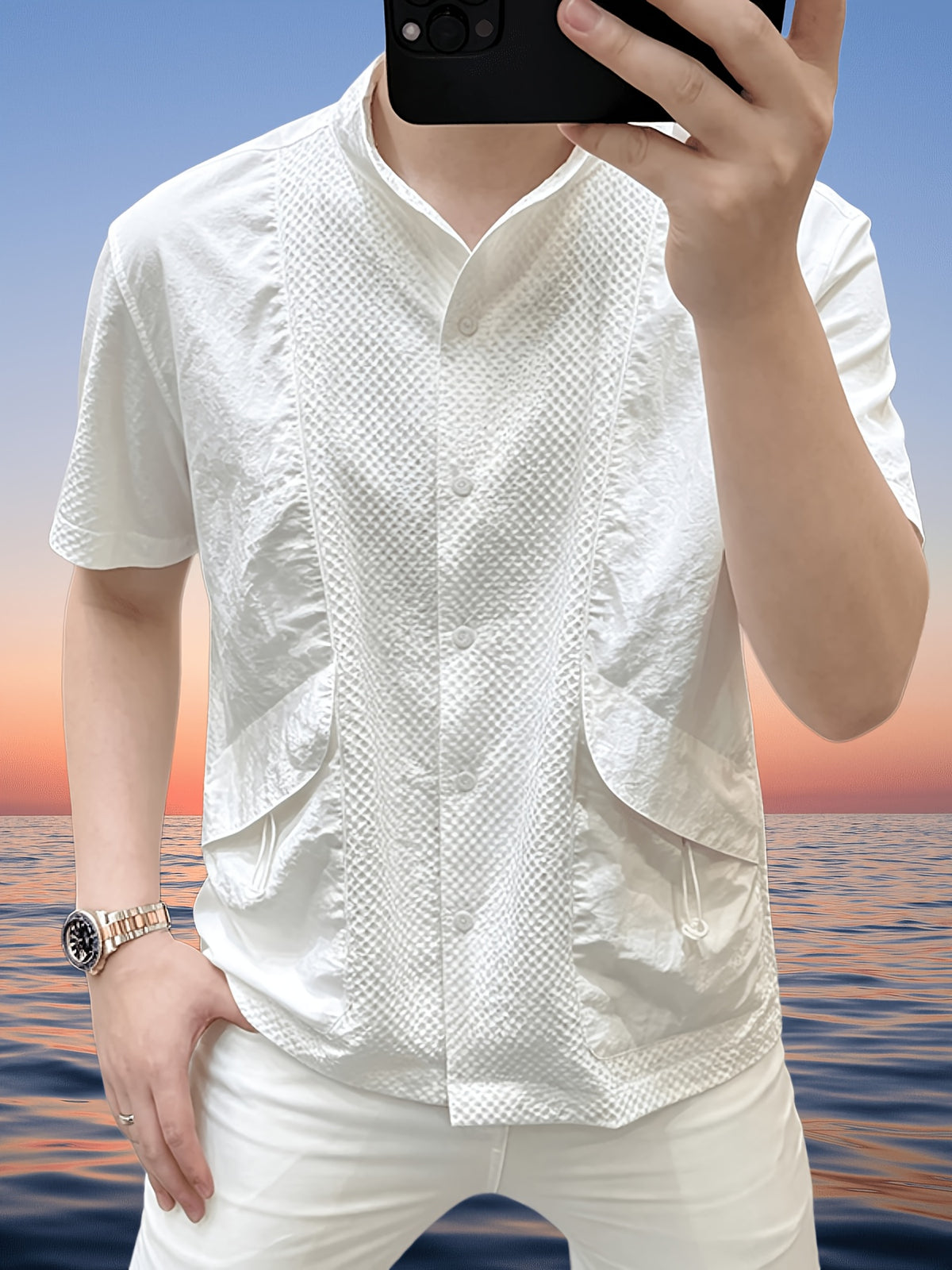 Men'S Light Luxury Shirt, Men'S Designer Style Blouse, Summer Short Sleeve Shirt, Men'S Top - 10213 Gent-A708 White