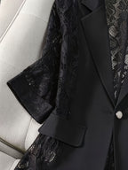 Women'S Thin Patchwork Lace Lightweight Suit Design Casual Temperament Three-Quarter Sleeve Casual Lapel Suit Top - Black