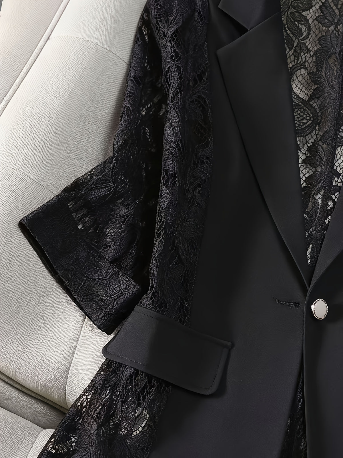 Women'S Thin Patchwork Lace Lightweight Suit Design Casual Temperament Three-Quarter Sleeve Casual Lapel Suit Top - Black