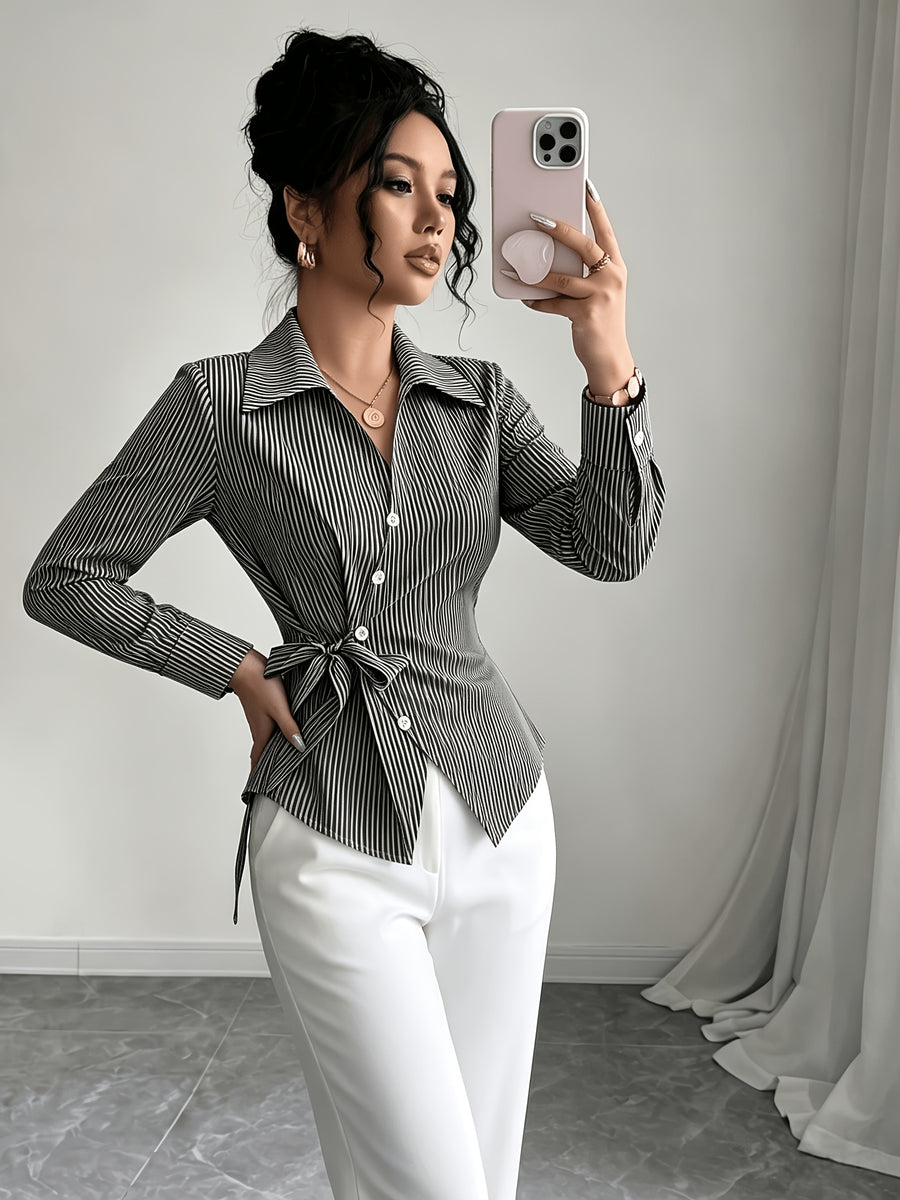 Stylish Long-sleeved Womens Shirt a New Luxuryversatile Top That Helps to Conceal Body Flaws and Create a Slimmer Appearancestripedtiedback Shirt for Women. - Black