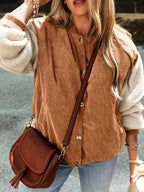 Winter: Women's Corduroy Patchwork Button-Up Pilot Jacket, Contrast Long Sleeve Stand Collar Coat - Dark Brown