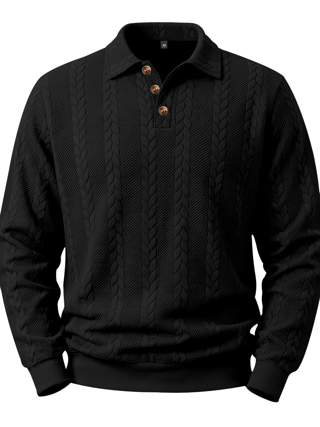 New Men'S Retro Jacquard Lapel Knit Polo Sweater Autumn Business Casual Long Sleeve Sweater Loose All-Match Solid Color Pullover Top - Black