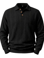 New Men'S Retro Jacquard Lapel Knit Polo Sweater Autumn Business Casual Long Sleeve Sweater Loose All-Match Solid Color Pullover Top - Black