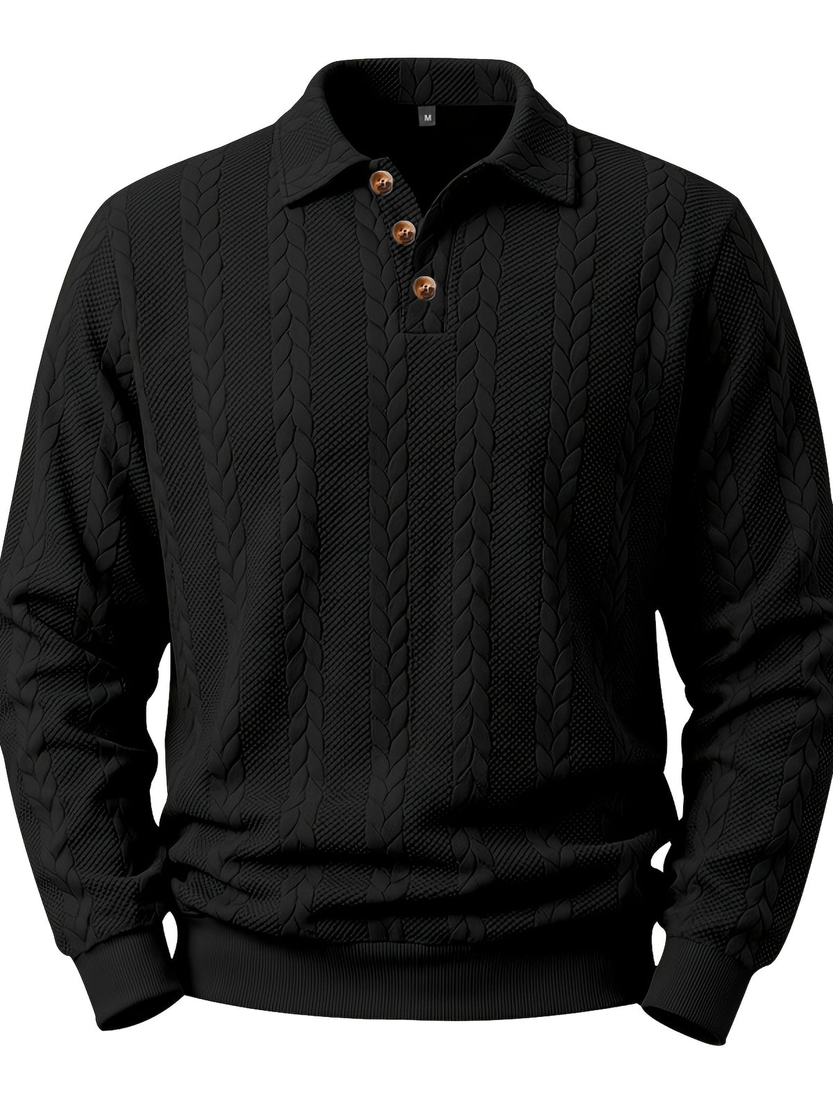 New Men'S Retro Jacquard Lapel Knit Polo Sweater Autumn Business Casual Long Sleeve Sweater Loose All-Match Solid Color Pullover Top - Black