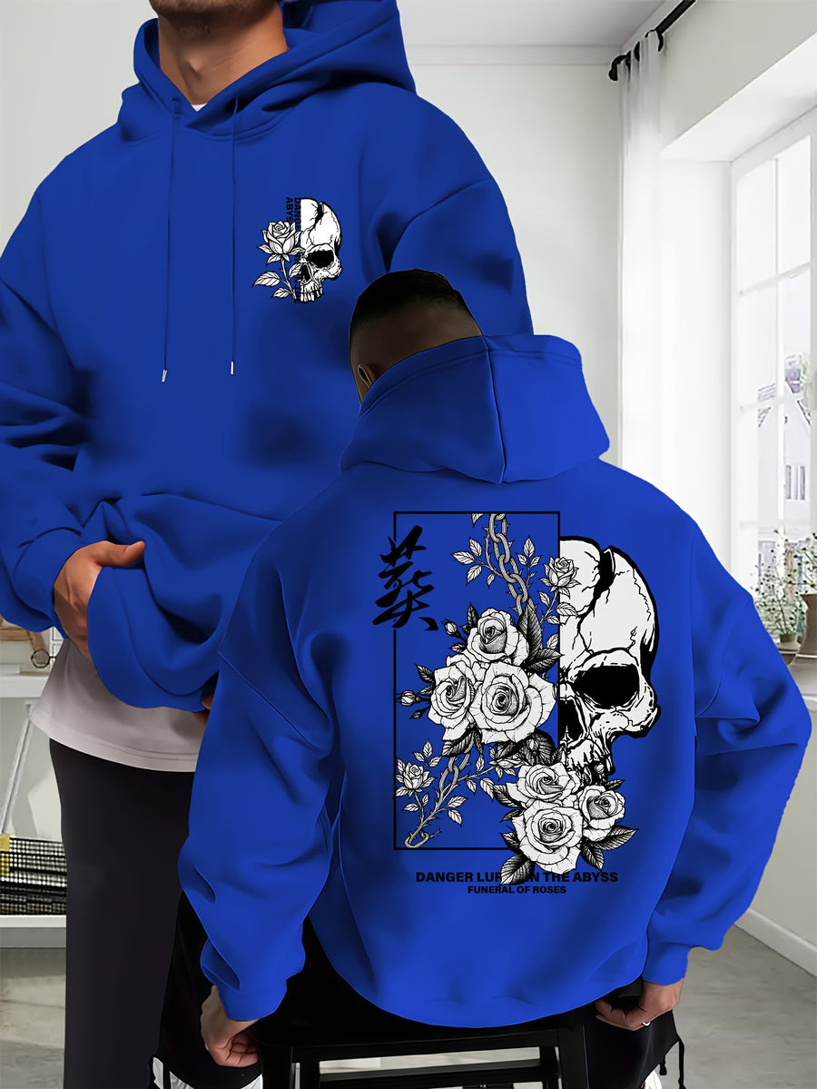 New Trendy Men'S Autumn And Winter Hooded Sweatshirt, Casual Everyday Drawstring Hoodie with Creative Design Print, Kangaroo Pouch Front Pocket, Unisex Tops - Blue