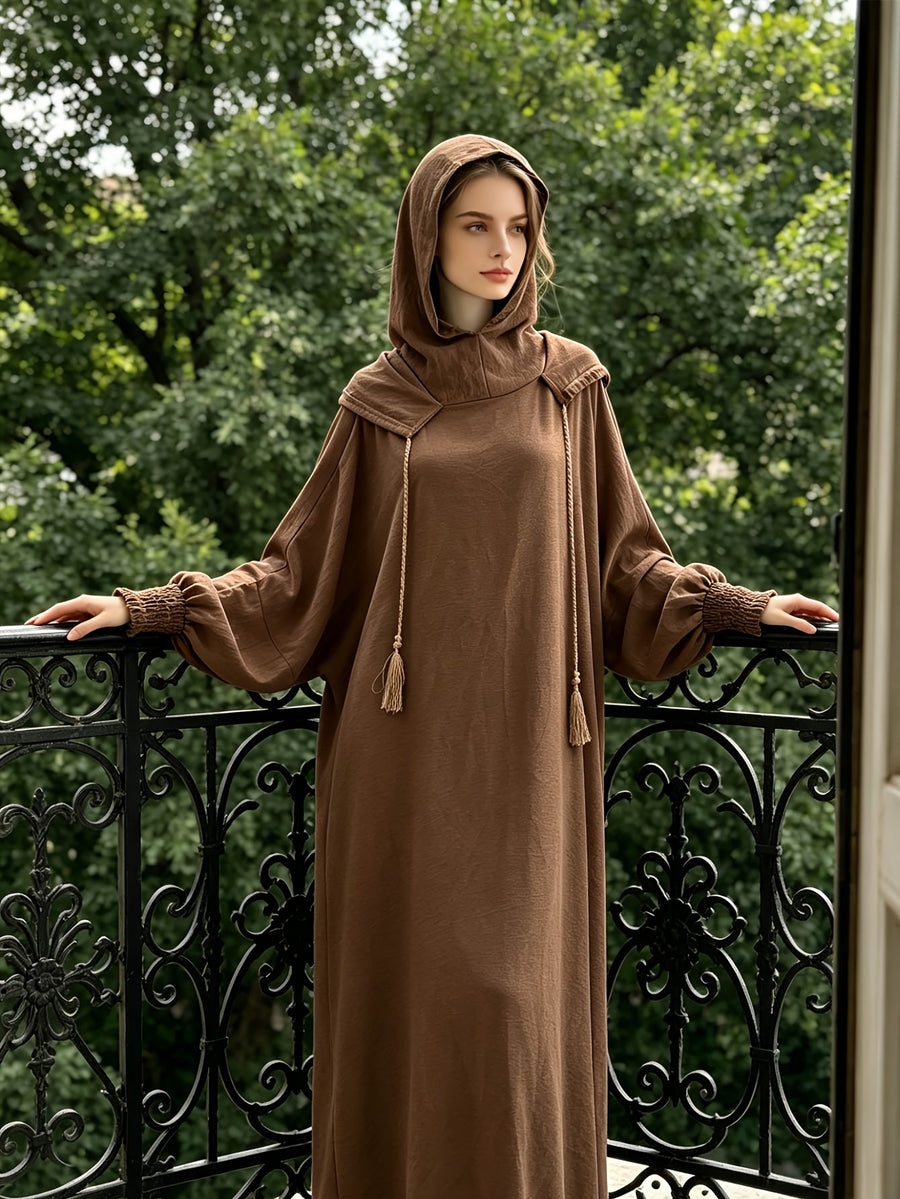 Plus Size - 1pc Women'S Hooded Double-Layer Abaya Dress, Casual Loose Breathable Prayer Robe, Suitable for Daily Wear Or Gifting - Khaki