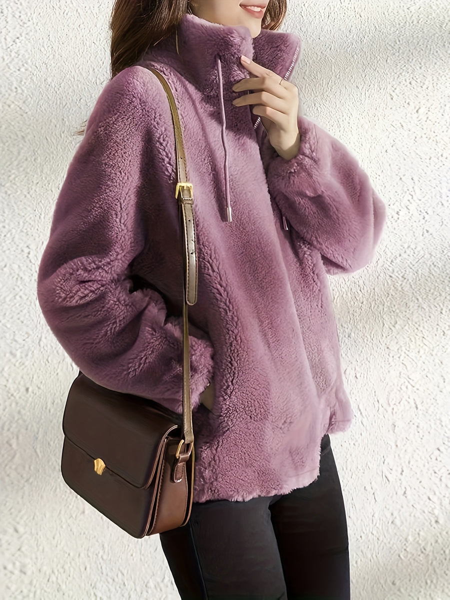 Solid Color Plush Coat, Stand Collar Thick Warm Zipper Drawstring Loose Women'S Coat - Light Purple