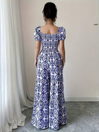 Square Neck Short Sleeve Vintage Floral Print Loose Elegant Wide-Leg Jumpsuit, Vacation Wear, Bohemian - Multicolor