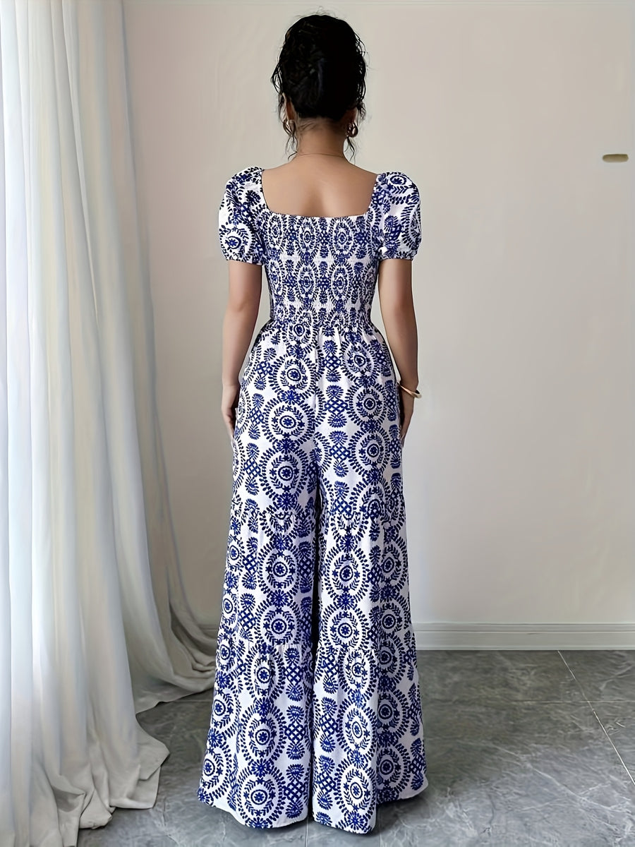 Square Neck Short Sleeve Vintage Floral Print Loose Elegant Wide-Leg Jumpsuit, Vacation Wear, Bohemian - Multicolor