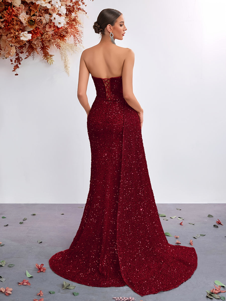 Sequined Sweetheart Neckline Mesh Panel High-Waist Long Scarf-Tie Slit Ball Gown Party Evening Dress - Burgundy
