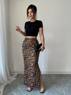 Targeted Women'S Leopard Print Mesh Fitted Mini Skirt - Coffee Brown