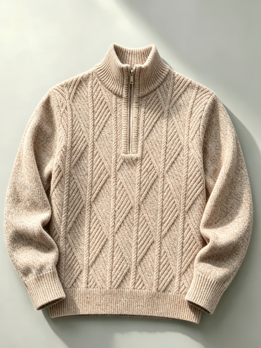 Men's Autumn/Winter Half-Turtleneck Zipper Sweater, Business Casual Pullover Base Layer Top - Khaki