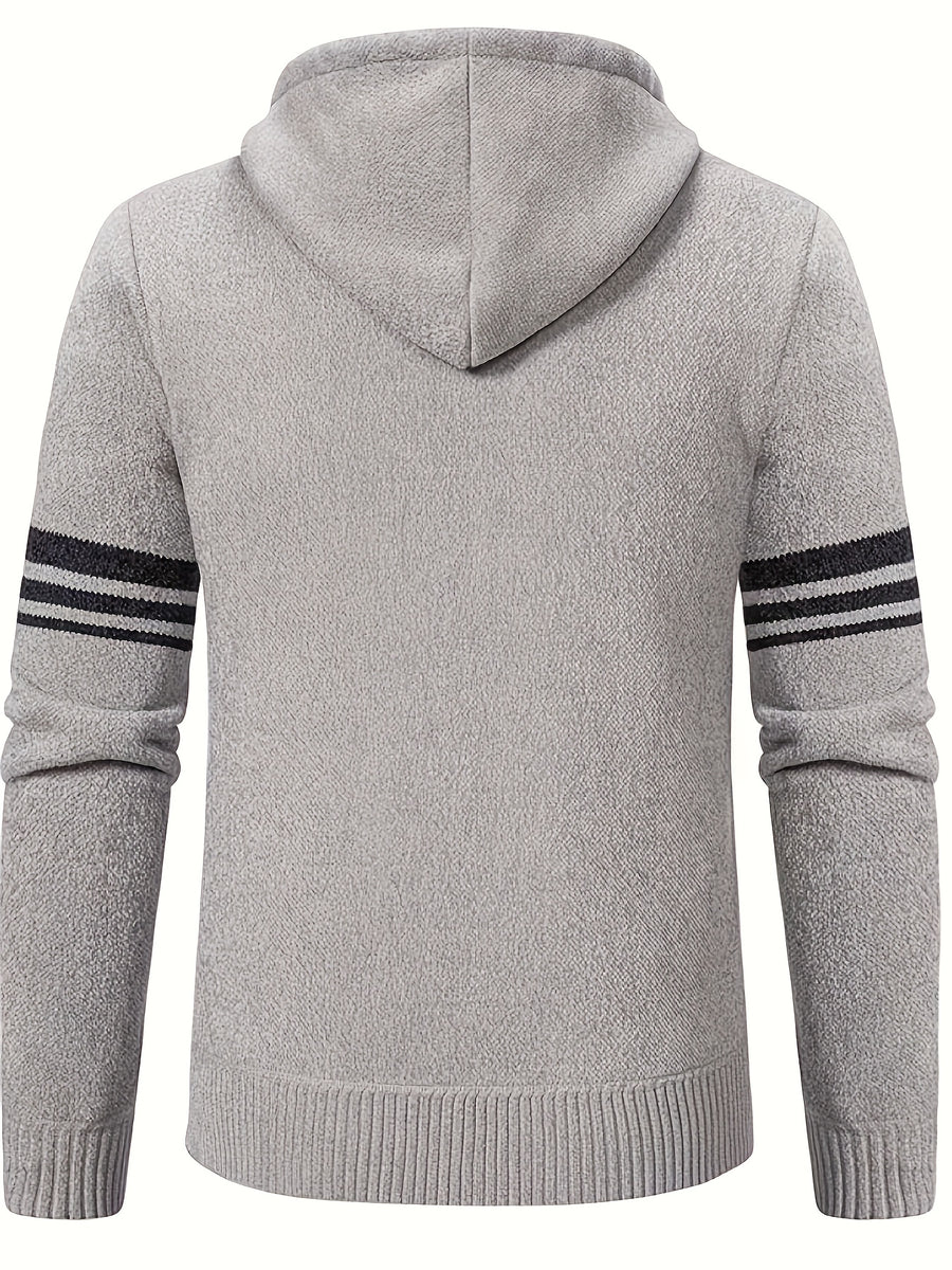 Men'S Striped Fleece Hooded Cardigan, Casual Slightly Stretch Breathable Zip Up Thermal Jacket for Fall Winter Outdoor, Knit - Apricot