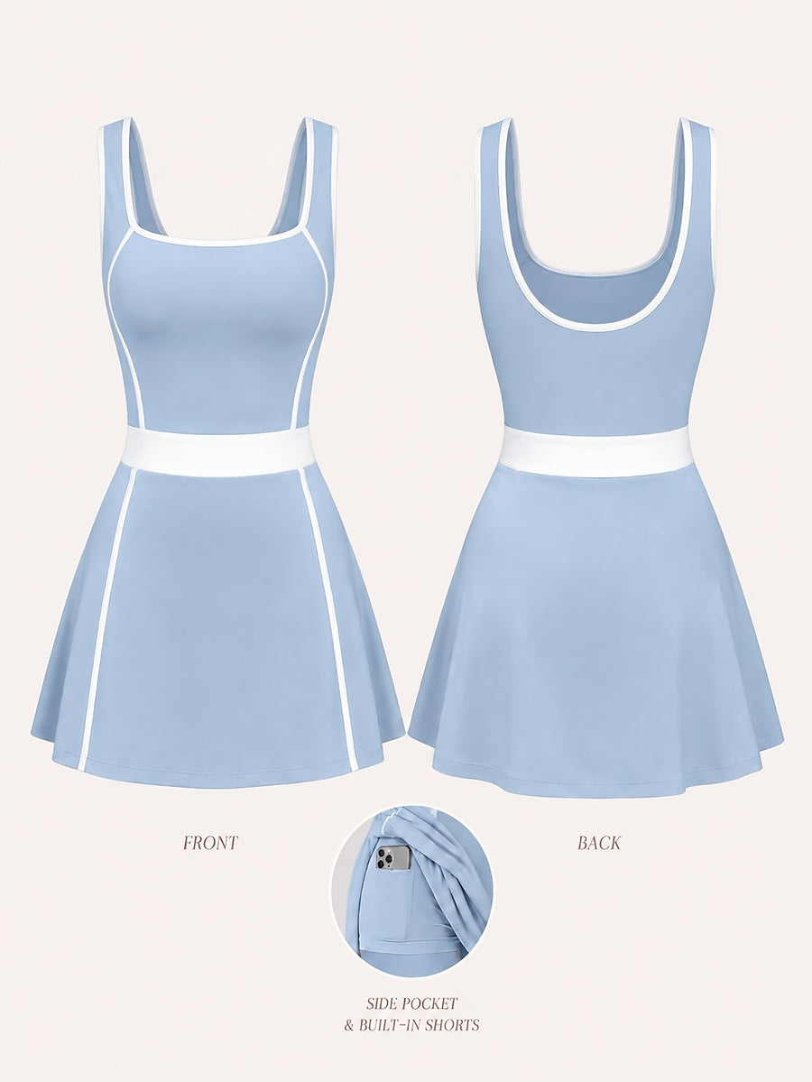 Women'S Short Sports Dress Anti-Glare - Shoulder Contrasting One-Piece Tennis Skirt with Slim Lining Shorts - Suitable for Running, Fitness, And Daily Casual Wear - Light Blue