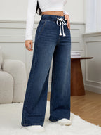 2025 New Arrival: Women'S Elastic High-Waist Drawstring Blue Jeans, Casual Fashion Slant Pocket Loose Wide Leg Denim Trousers - Blue