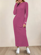 New Women's Round Neck Pullover Long Dress, Suitable for Home Wear, Outerwear, or as a Base Layer, Long Sleeve, Slim Fit, Loose Fit, A-Line, Solid Color, Ribbed, Relaxed Style Long Dress - Rose Red