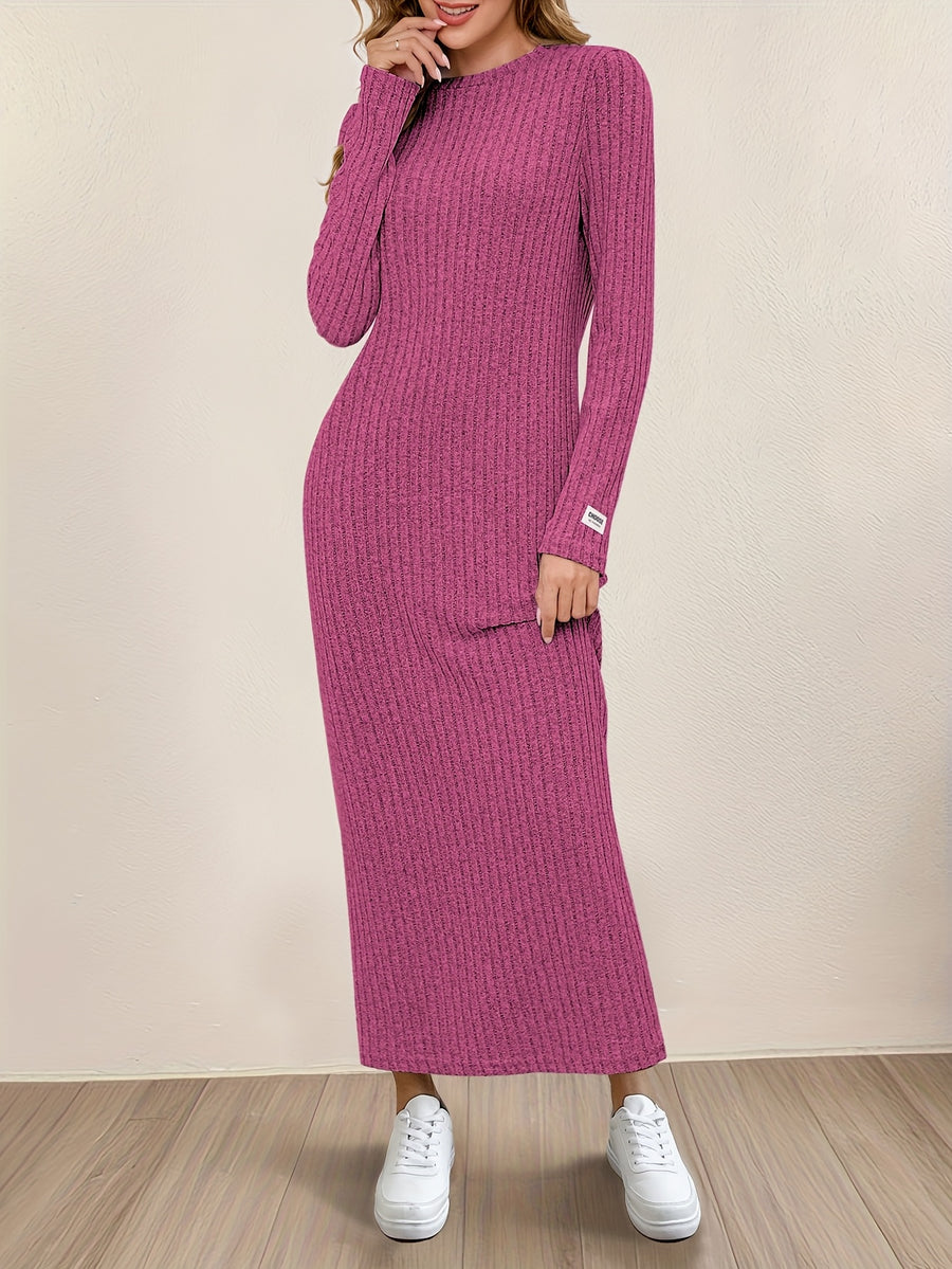 New Women's Round Neck Pullover Long Dress, Suitable for Home Wear, Outerwear, or as a Base Layer, Long Sleeve, Slim Fit, Loose Fit, A-Line, Solid Color, Ribbed, Relaxed Style Long Dress - Rose Red