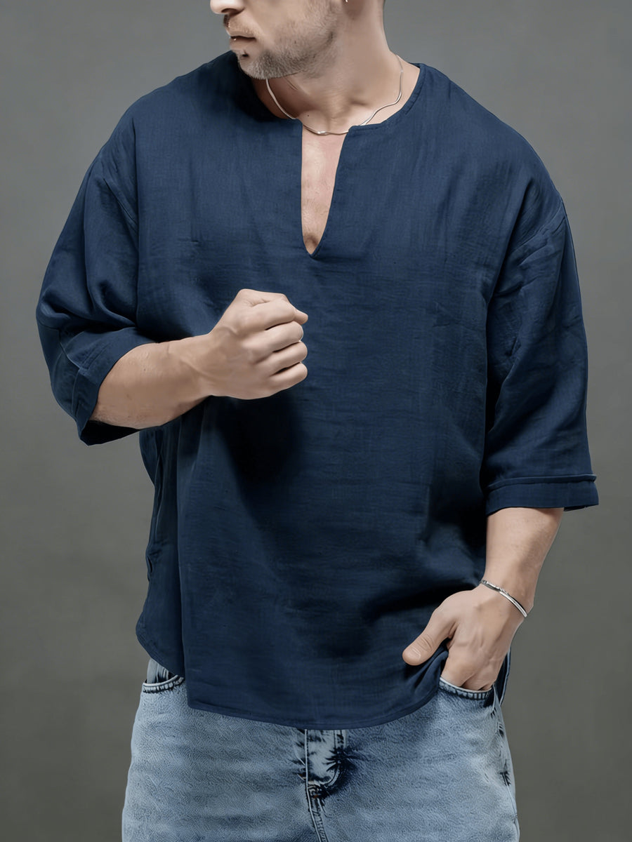 Men'S Casual Linen Short Sleeve Shirt - Lightweight And Breathable, Perfect for Beach, Summer, Weddings, And Outdoor Activities, Outdoor Casual Top | V-Neck Short Sleeve T-Shirt | Breathable Fabric - Navy Color