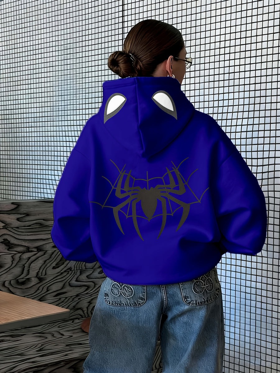 A Trendy Hooded Sweatshirt Featuring a Stylish and Versatile Spiderweb Print, Suitable for Autumn and Winter, Women's Clothing - Blue