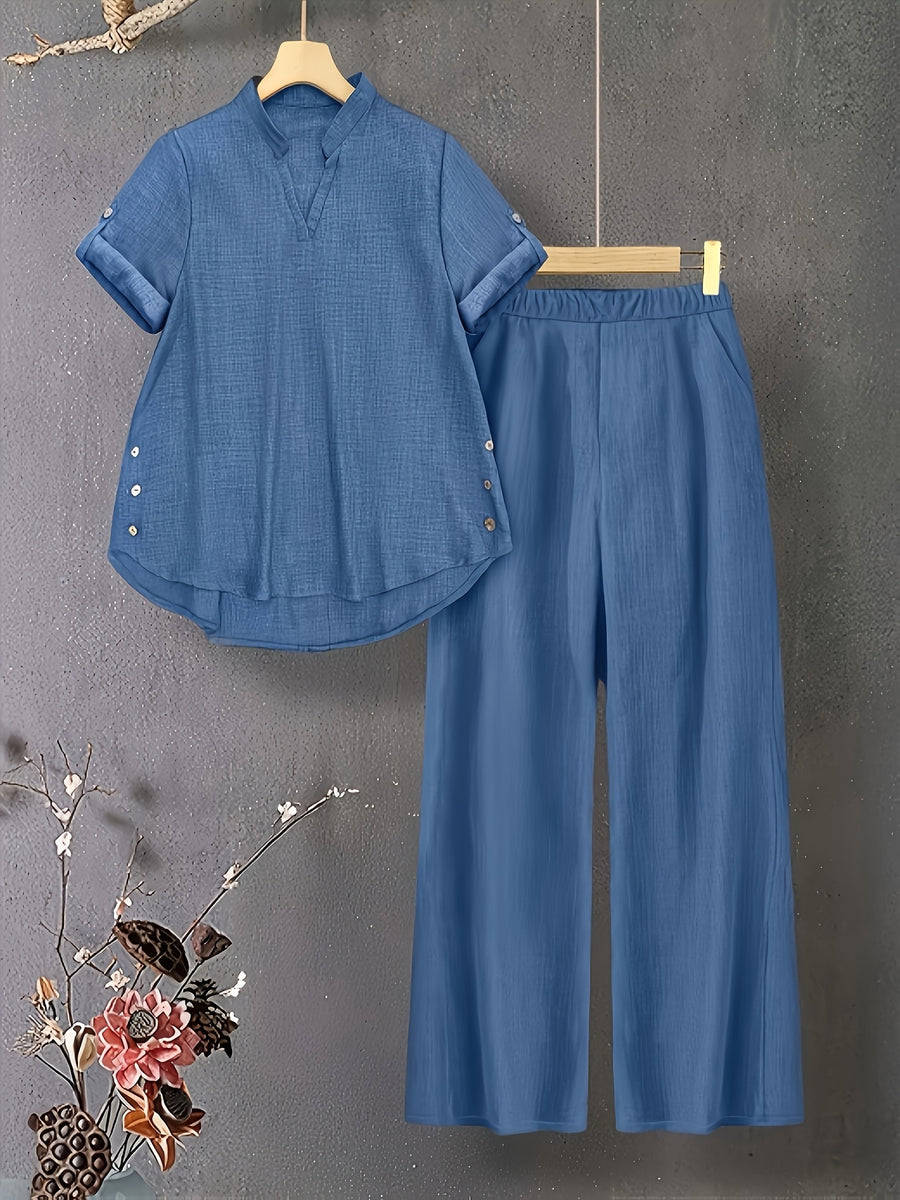 New V-neck Button-detail Short-sleeve Top with Elastic Waist and Side Slant Pockets Women's Set - Sea Blue