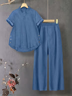 New V-neck Button-detail Short-sleeve Top with Elastic Waist and Side Slant Pockets Women's Set - Sea Blue
