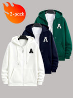 50%, 50% Polyester, 3pcs Men'S Patchwork Warm Fleece Zip-Up Hooded Sweatshirt, Men'S Clothing, Long Sleeve Fleece Jacket, Zip-Up Top, Hooded Sweatshirt, Pockets, Drawstring, Suitable for Outdoor, Casual, Back-To-School Season, Gift for Boyfriend - White+Navy+Dark Green