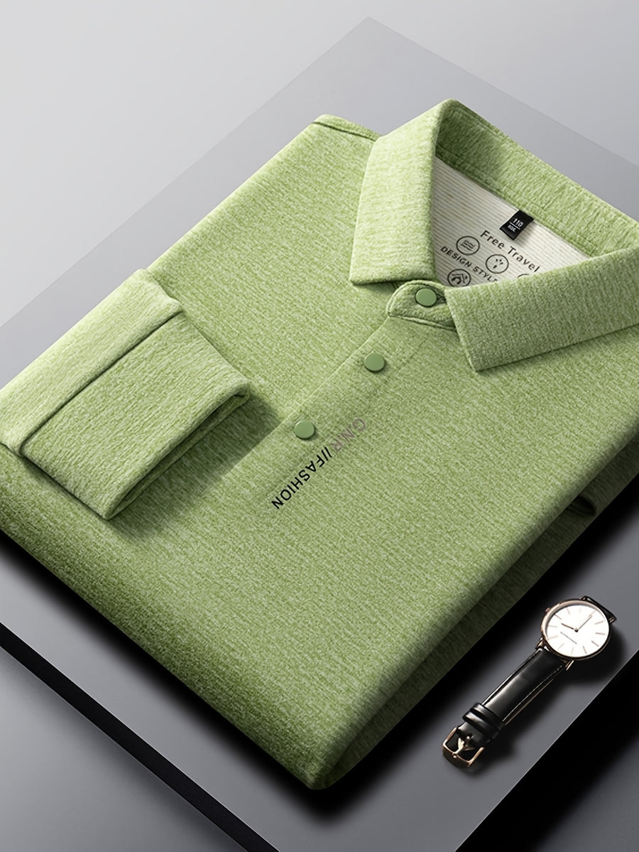 New Autumn 2026 Men's Long-Sleeve T-Shirt, Solid Color Lapel, Simple Daily Wear, Casual Polo Shirt - Green