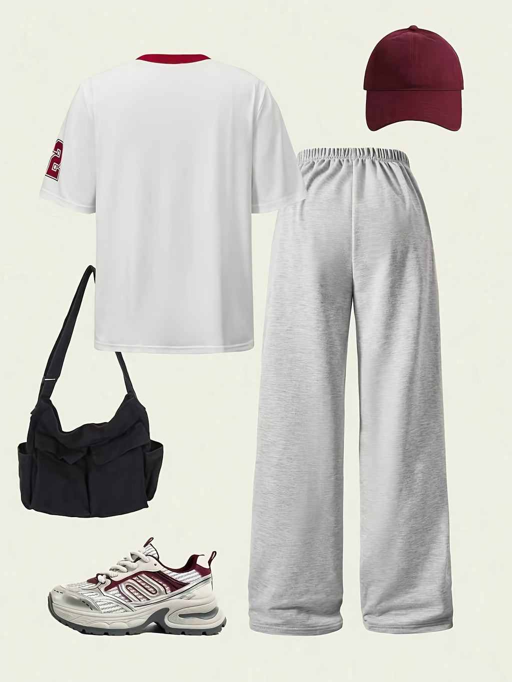 Plus Size, Digital Print Pattern T-shirt Short Sleeve + Solid Color Casual Wide-leg Pants Set - White