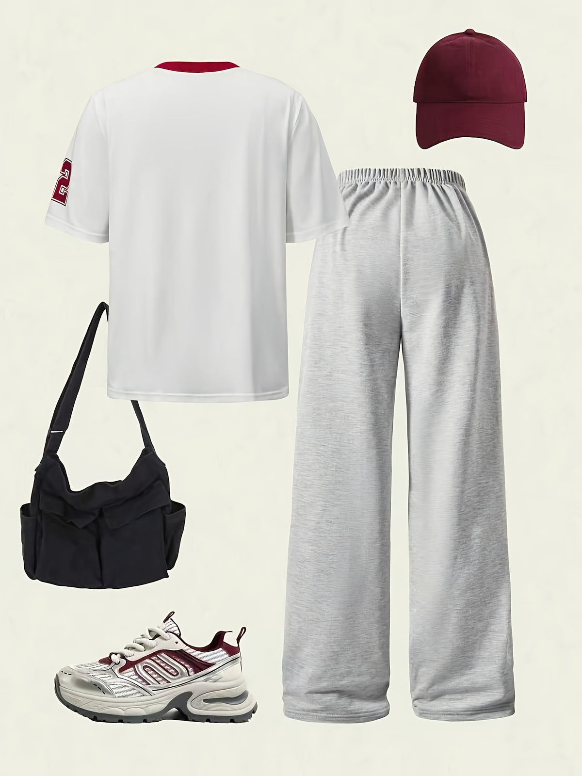 Plus Size, Digital Print Pattern T-shirt Short Sleeve + Solid Color Casual Wide-leg Pants Set - White