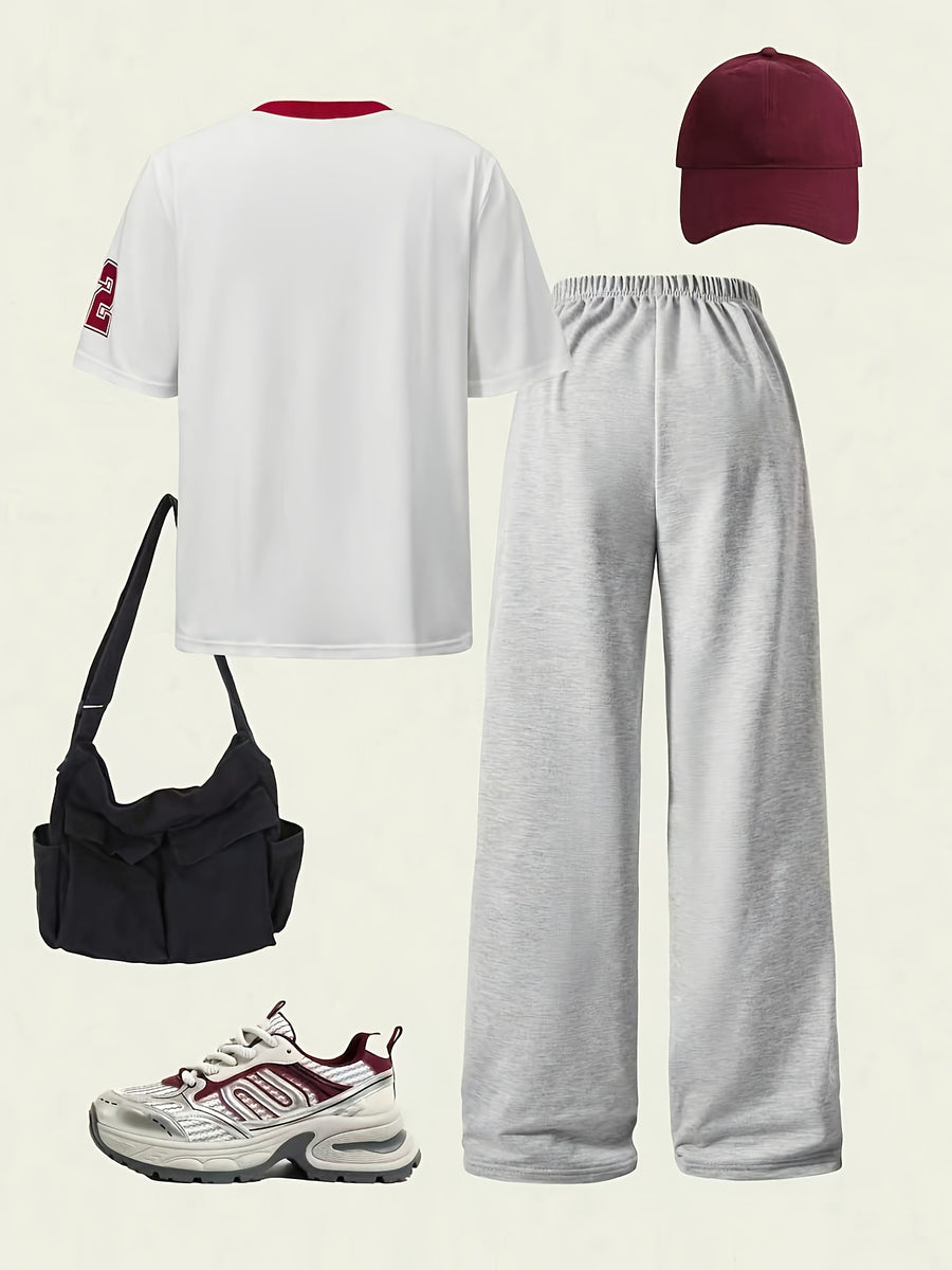 Plus Size, Digital Print Pattern T-shirt Short Sleeve + Solid Color Casual Wide-leg Pants Set - White