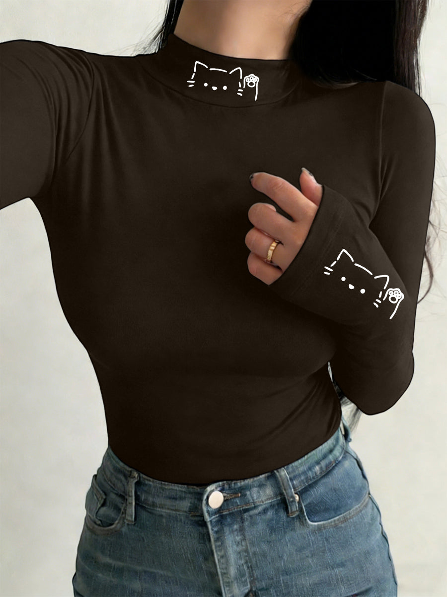 Y2K Niche Hand-painted Cat Print High-neck T-shirt, Simple Line Art Style, Fit, Sexy Long-sleeve Base Layer Top - Coffee Brown