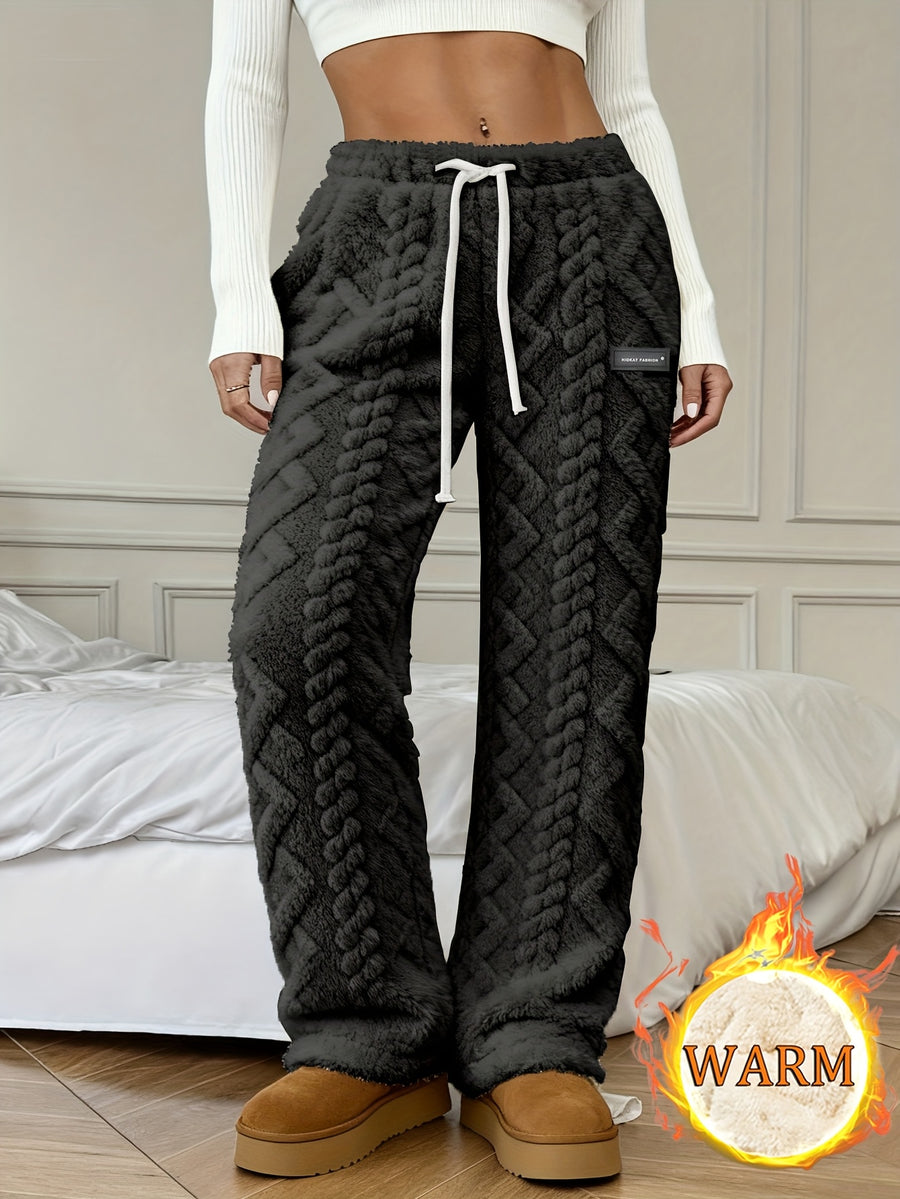 Women's Winter -Lined Casual Pants, Jacquard Fabric, Drawstring Waist, Suitable for Winter Home and Outdoor Wear - Black
