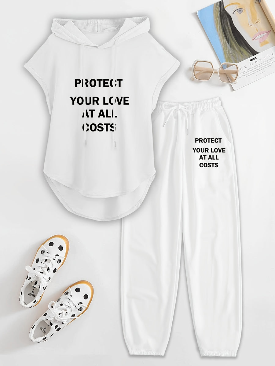 Women'S Two-Piece Drawstring Sleeveless Hooded Top And Summer Letter Print Pants, Elastic Waist Casual Pants, Pants Set - White