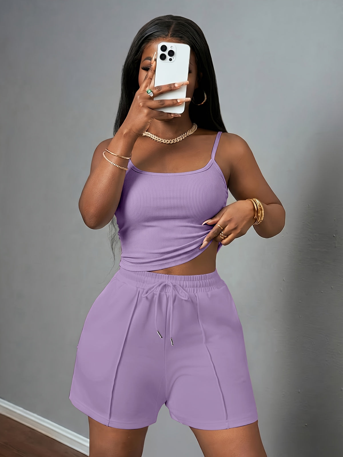 Women'S New Casual Camisole Knit Elastic Vest And Striped Textured Shorts 2pcs Set - Light Purple