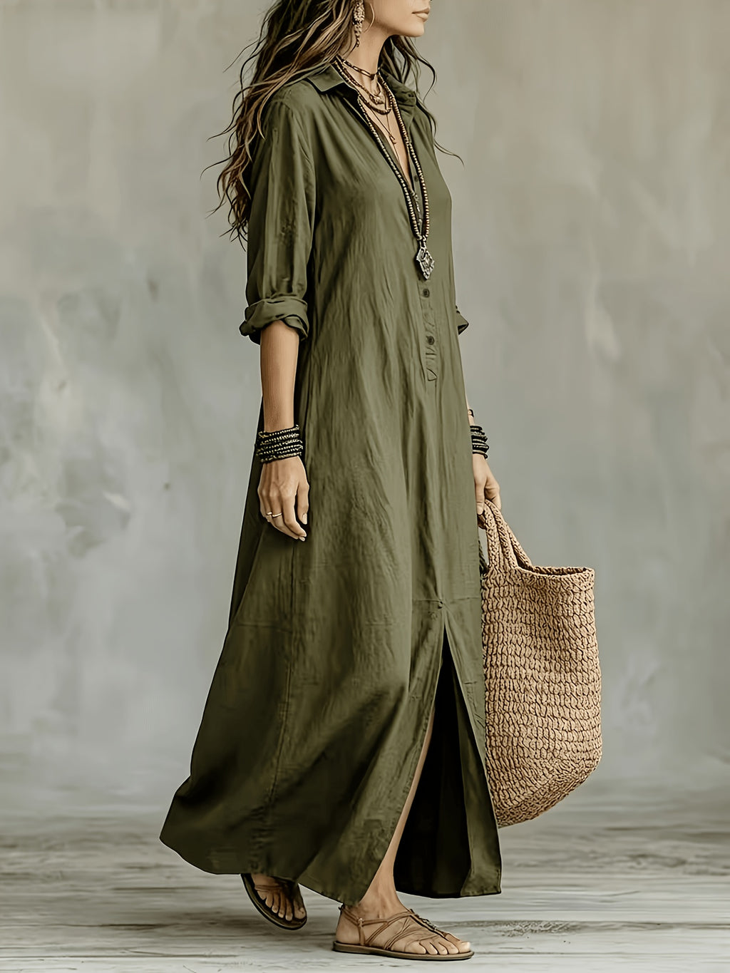 Women'S Spring Summer Autumn Bohemian Solid Color Semi-Open Neck Lapel Long Shirt, Casual Button-Up Relaxed Style Long Sleeve Shirt Dress, Breathable Beach Vacation, Travel, Daily Wear Long Shirt Dress - Tactical Green