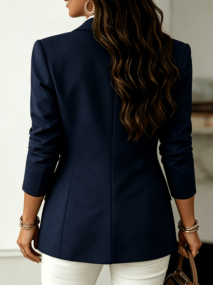Solid Color Elegant Blazer for Women, Single-Breasted Notched Lapel Lined Suit Jacket, Versatile Business Casual Workwear Top for Spring And Autumn - Navy Color