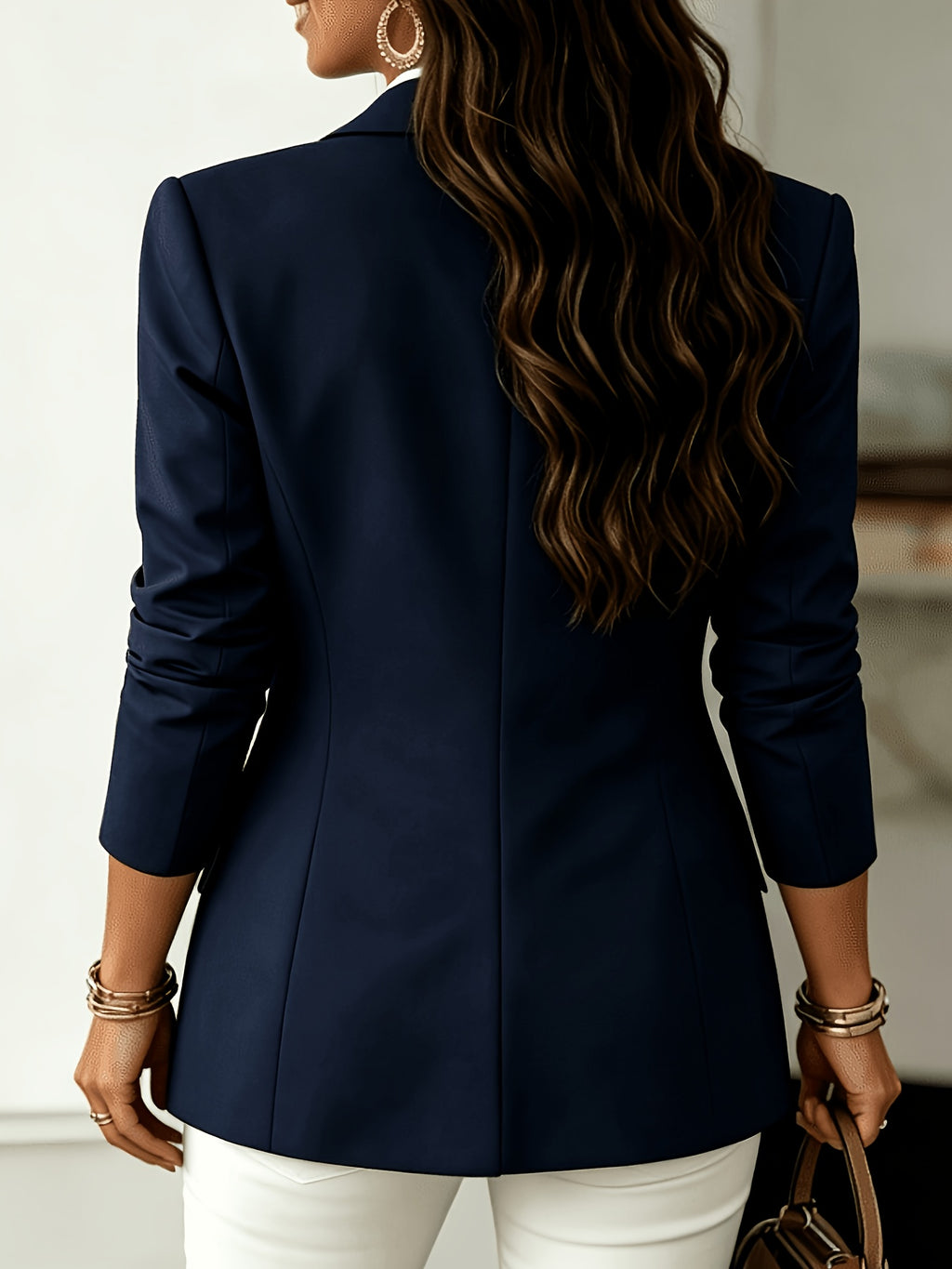 Solid Color Elegant Blazer for Women, Single-Breasted Notched Lapel Lined Suit Jacket, Versatile Business Casual Workwear Top for Spring And Autumn - Navy Color