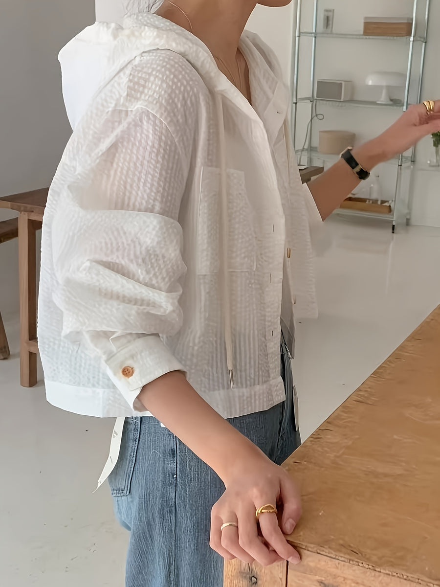 Elegant and Versatile Single-breasted Short Coat, Loose-fitting Vacation Long-sleeve Hooded Shirt for Women - White