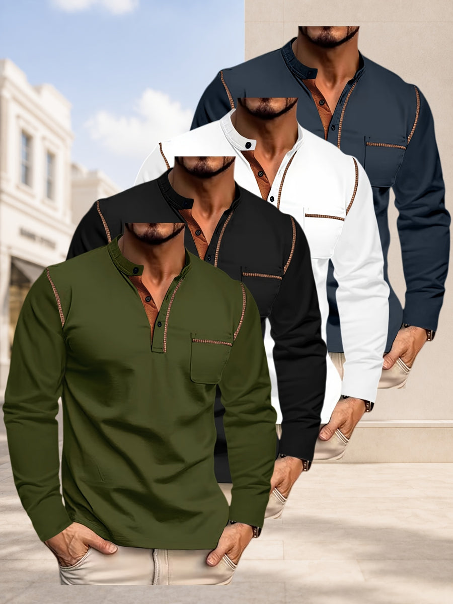 [JOSHIMAI OBM] 4pcs Men'S Long Sleeve Henley Shirts, Soft Comfortable Skin-Friendly Fabric, Lightweight Breathable Easy Care Stand Collar 3-Button Placket with Chest Pocket Detail, Solid Color Casual Top, Versatile for Office Commute - Army Green+Black + White + Navy Blue